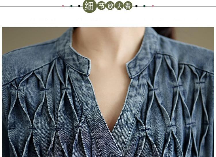 Long Sleeve Stand Collar Loose Denim Shirt Dress Product Image