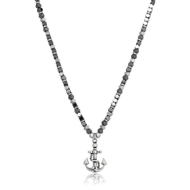 Mens LYNX Black Ion-Plated Stainless Steel & Hematite Bead Chain Anchor Pendant Necklace Product Image