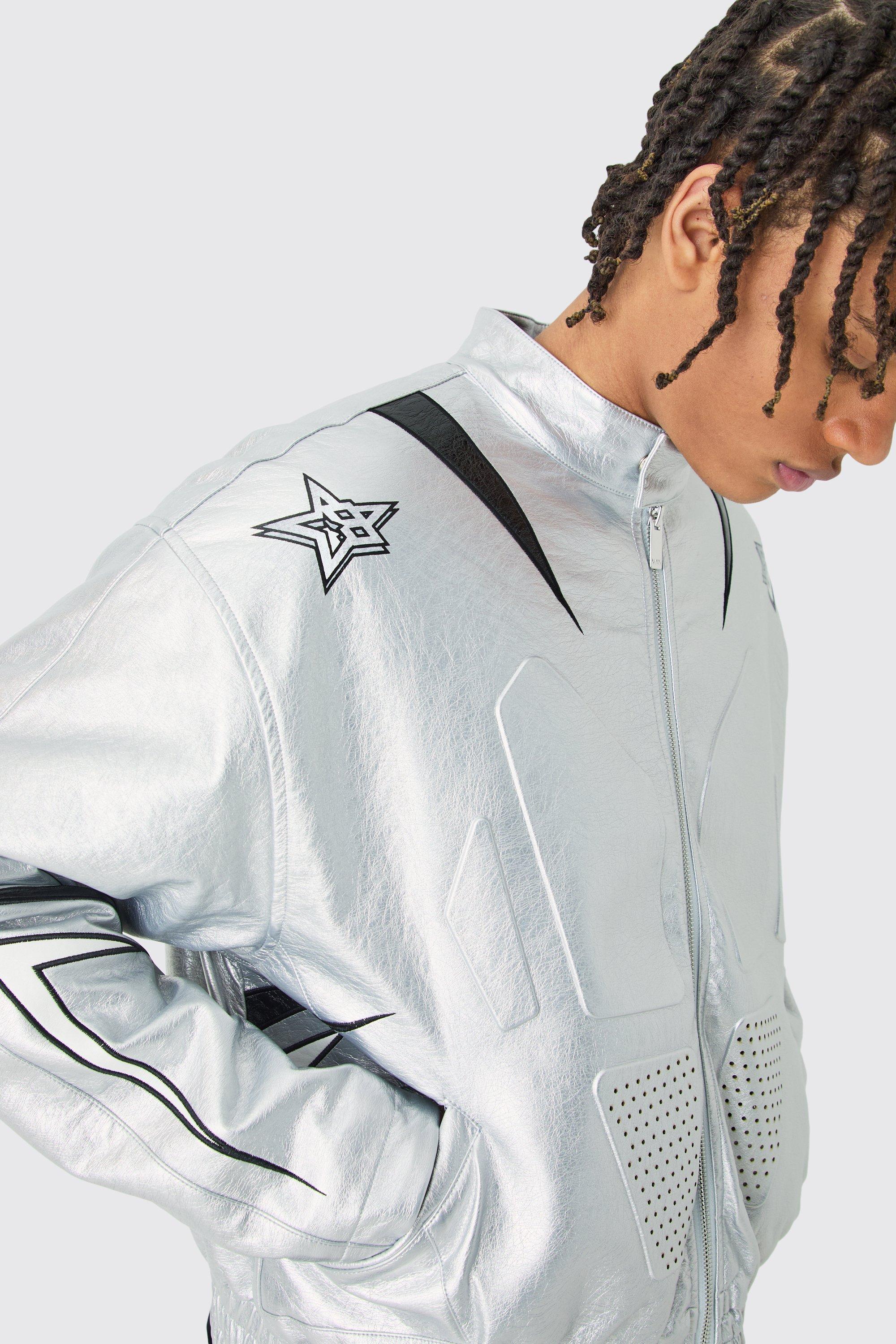 Boxy Fit Metallic Pu Panel Moto Bomber | boohooMAN USA Product Image