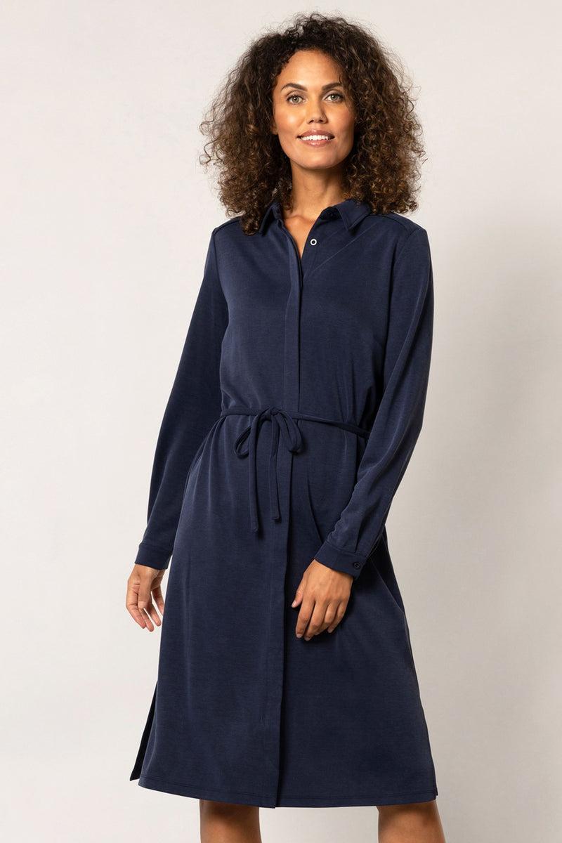 Long sleeve navy tea length dress Product Image