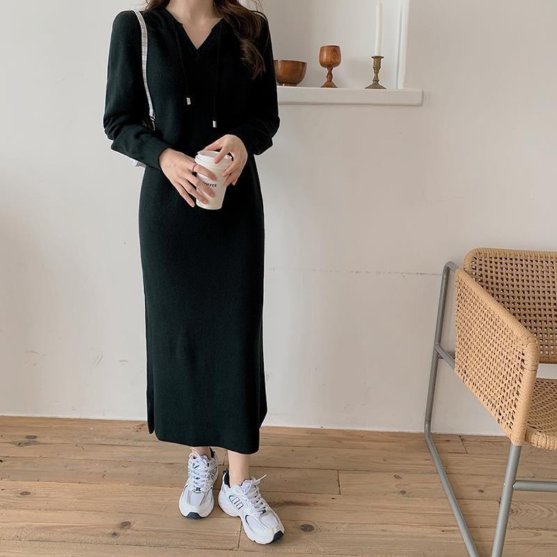 Long-Sleeve V-Neck Drawstring Ribbed Midi Sheath Knit Dress Product Image