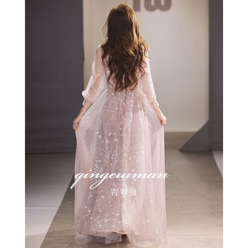 Long-Sleeve V-Neck Sequin Mesh A-Line Evening Gown Product Image