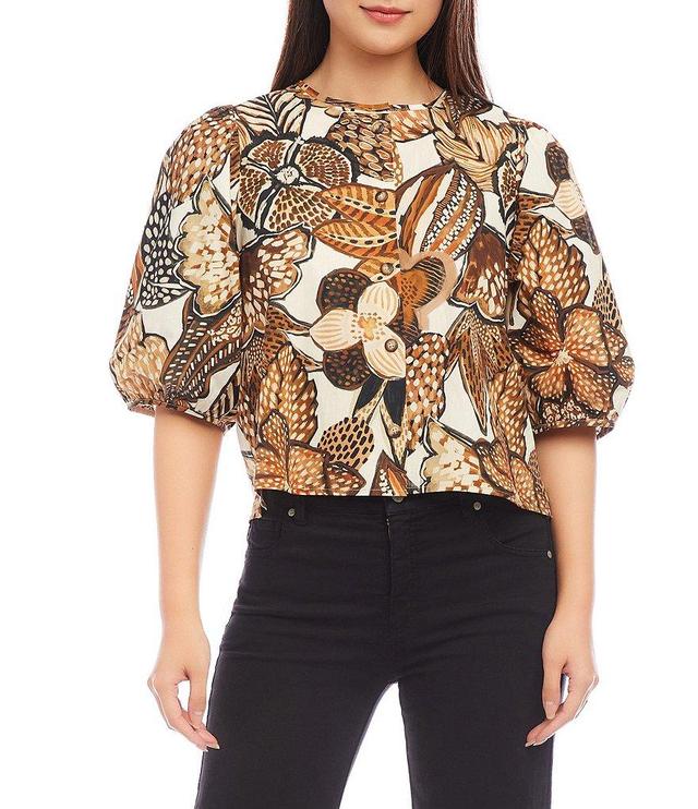 Karen Kane Printed Crew Neckline Short Puff Sleeve Top Product Image