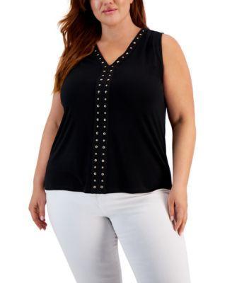 Plus Size V-Neck Stud-Trim Top, Created for Macy's Product Image