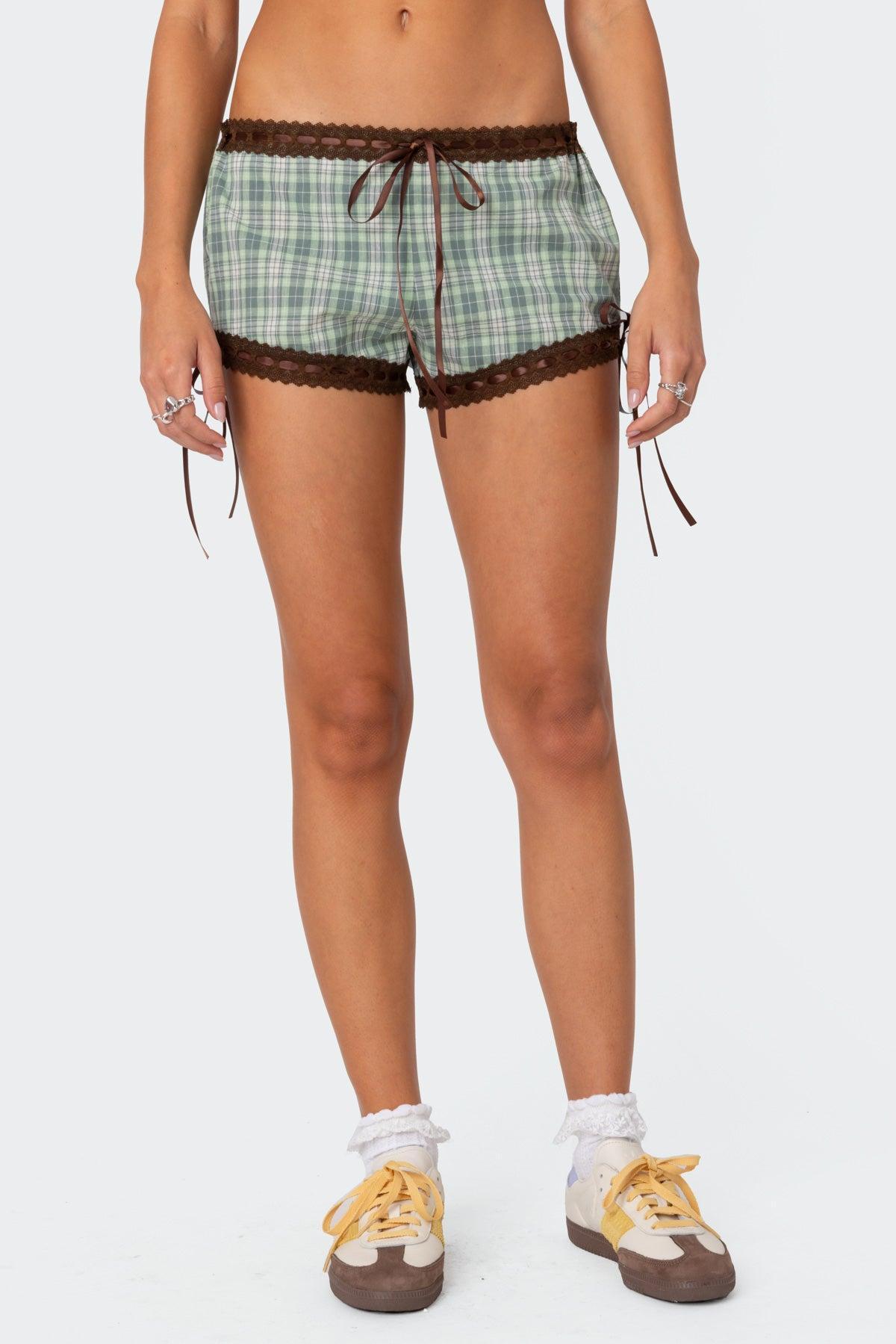 Lavish Lace Trim Plaid Shorts Product Image