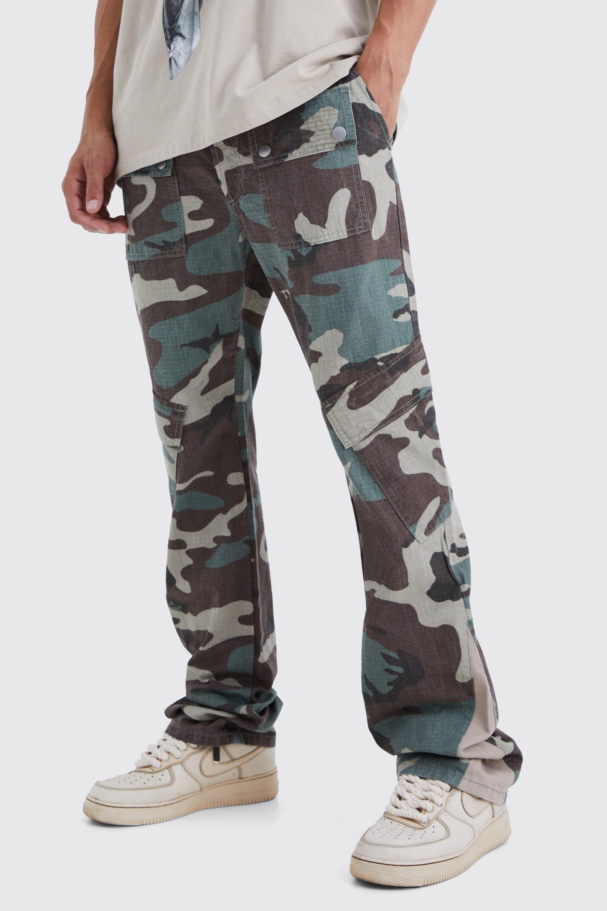 Tall Slim Stacked Gusset Flare Multi Cargo Camo Pants | boohooMAN USA Product Image