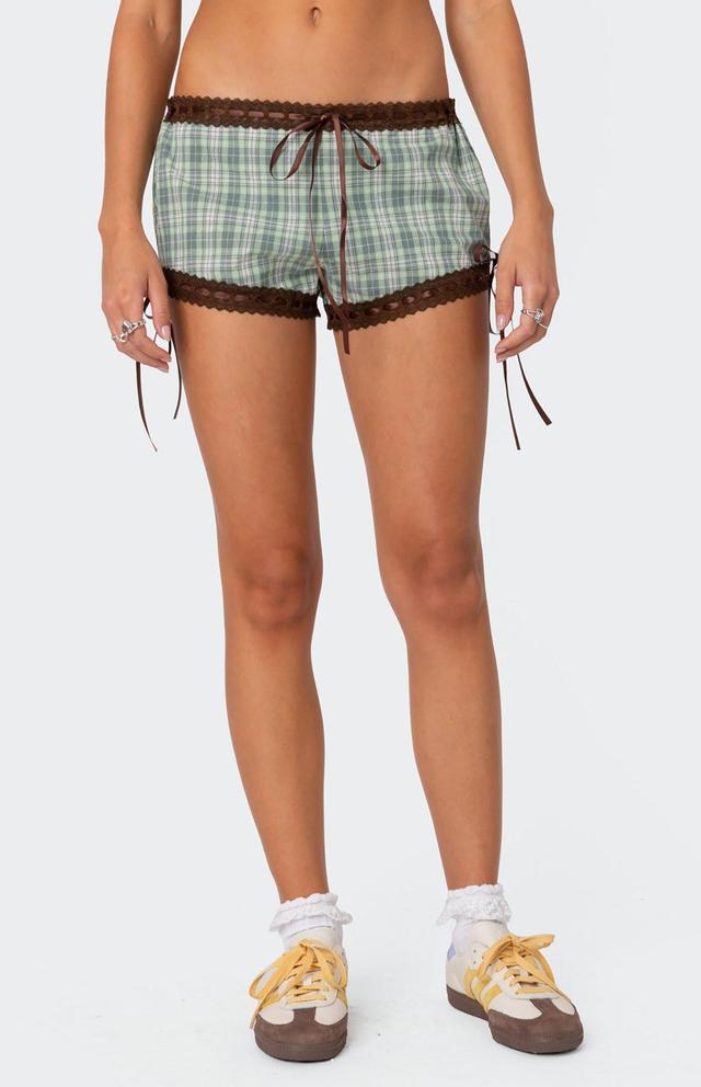 Edikted Women's Lavish Lace Trim Plaid Shorts Product Image