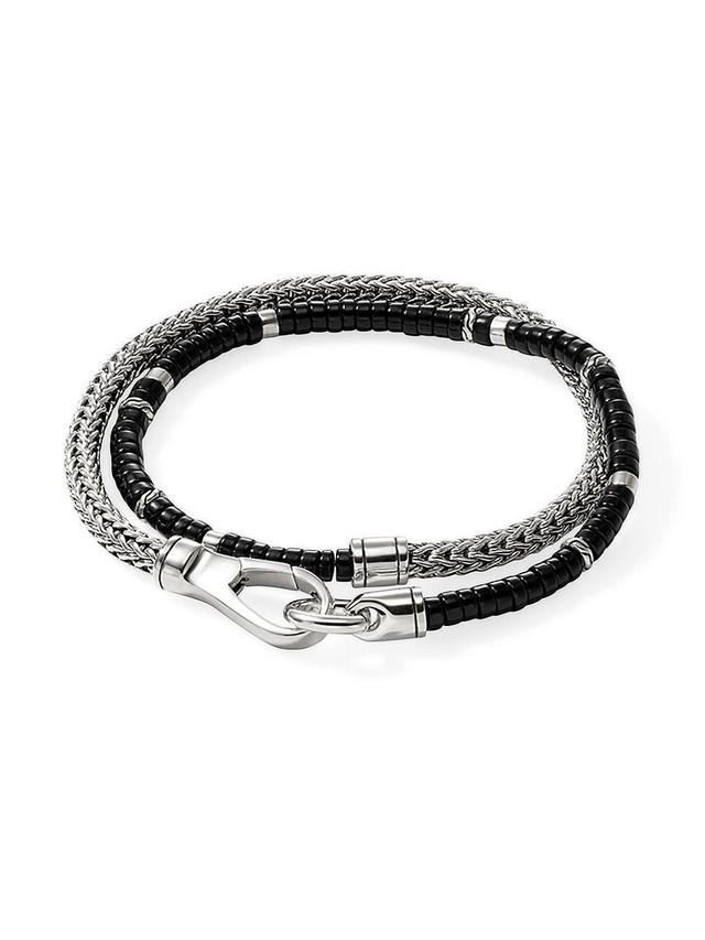 Mens Heishi Sterling Silver & Black Onyx Chain Double Wrap Bracelet Product Image