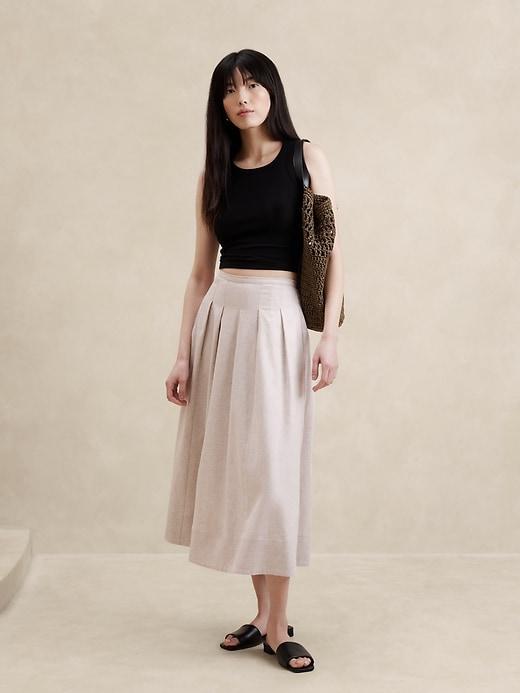 Linen-Blend Pleated Midi Skirt Product Image