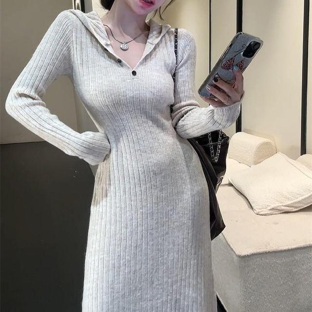 Long-Sleeve Half Buttoned Plain Knit Maxi A-Line Dress Product Image