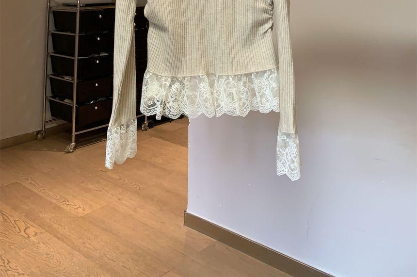 Long-Sleeve V-Neck Lace Trim Ribbed Knit Top Product Image