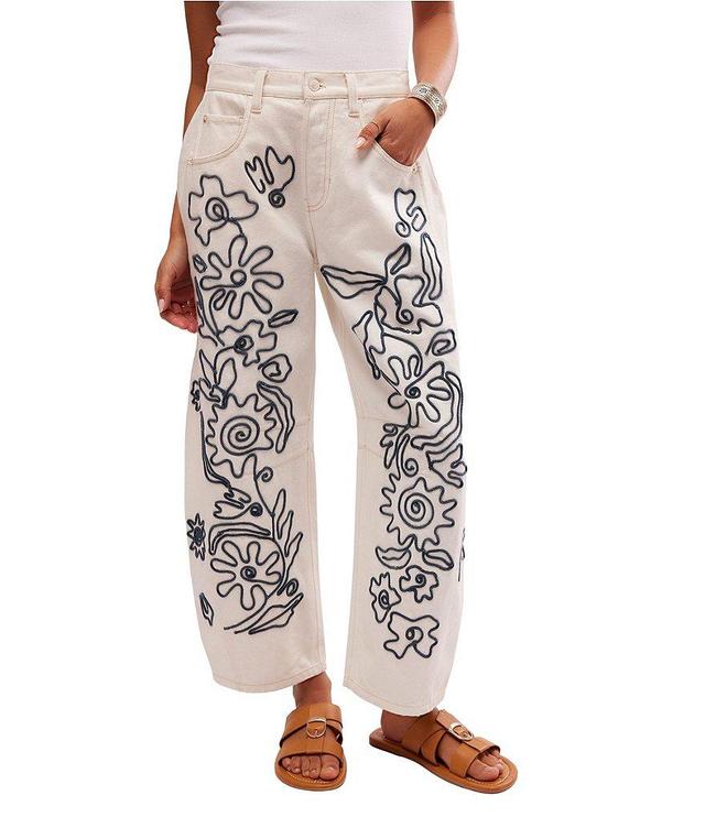 Free People We The Free Good Luck Soutache Floral Embroidered Mid Rise Wide Barrel Jeans Product Image