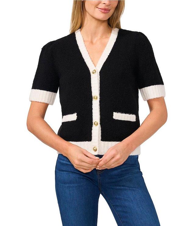 CeCe Wool Blend Jersey Knit Contrast Trim V-Neck Short Sleeve Button Front Cardigan Product Image