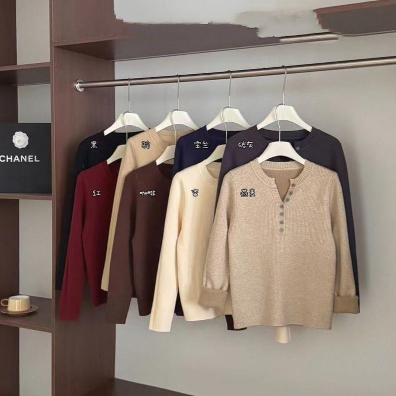 Henley Neck Plain Ribbed Knit Sweater Product Image