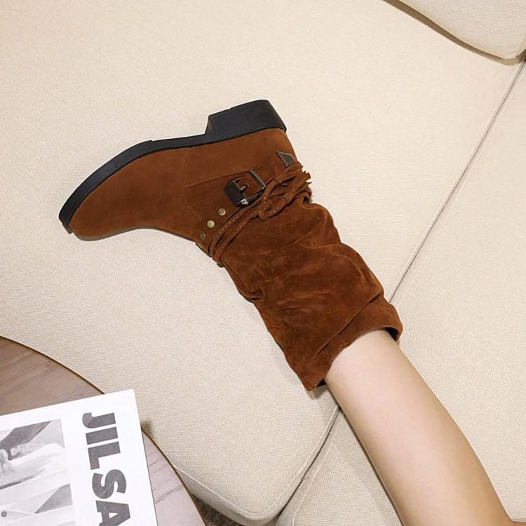 Platform Buckled Faux Suede Mid Calf Boots Product Image