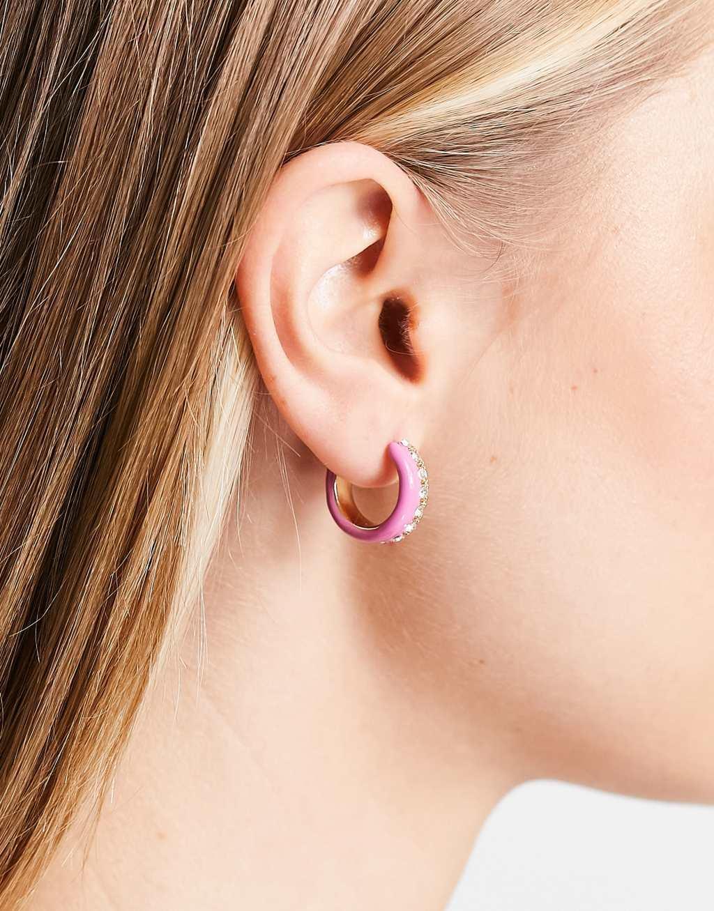 River Island pave hoop earrings in pink Product Image