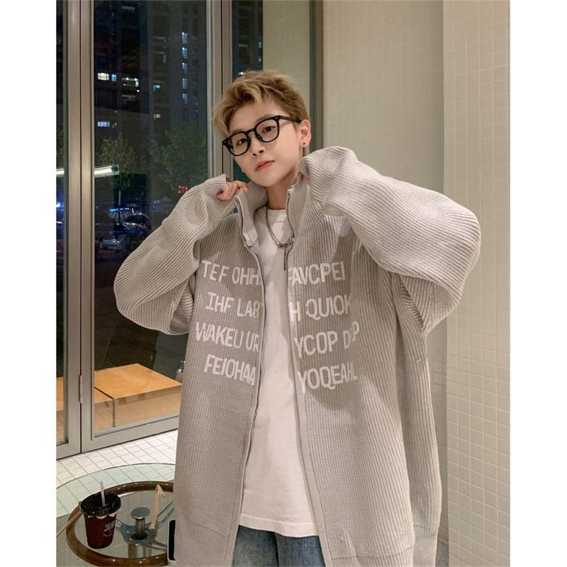 Stand Collar Lettering Zip Up Cardigan Product Image