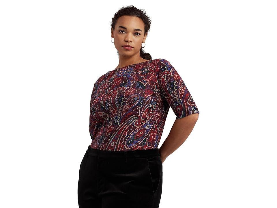 Lauren Ralph Lauren Plus-Size Checked Paisley Cotton Boatneck Tee Black/Multi) Women's Clothing Product Image