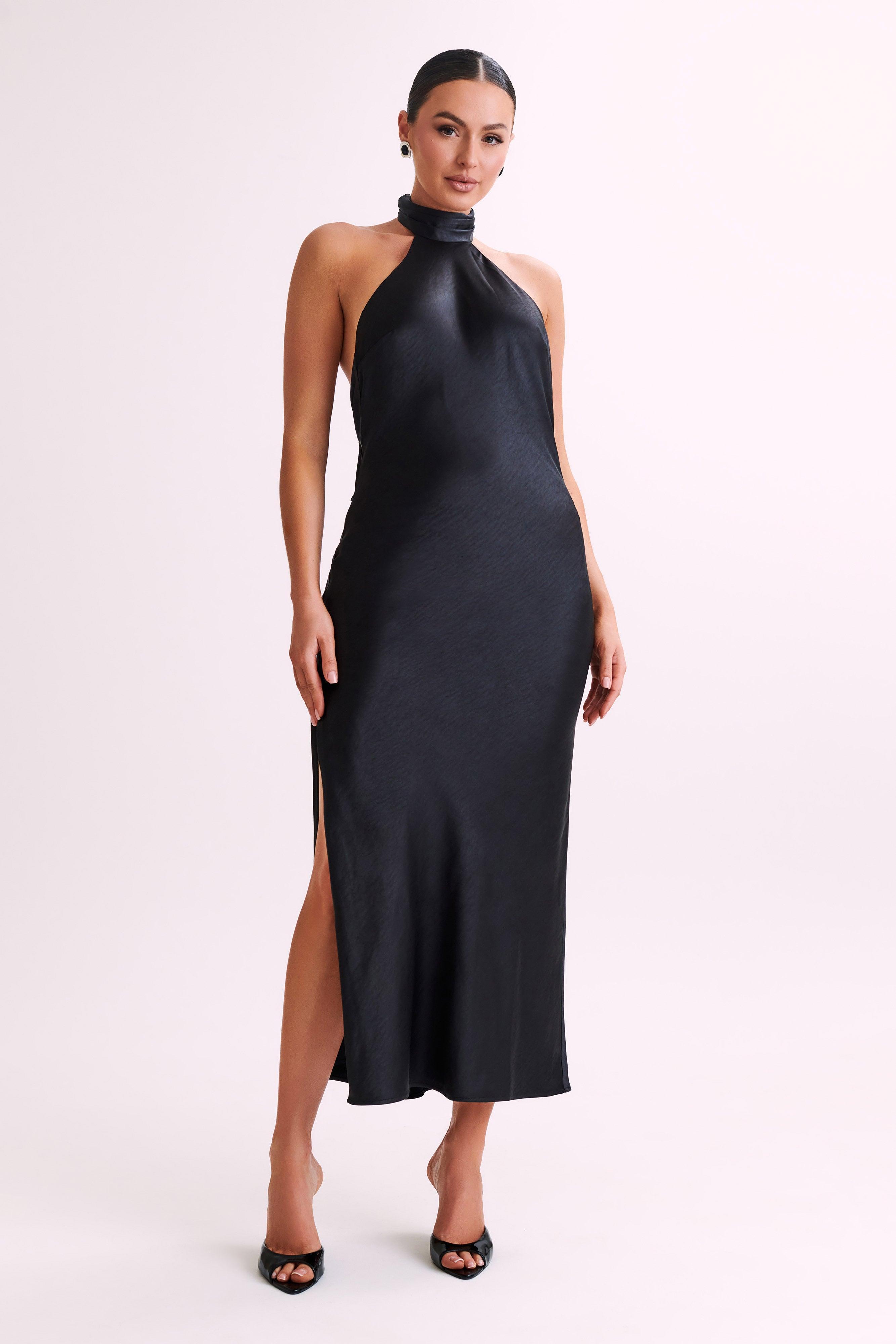 Paulette Satin Midi Dress With Bow - Black Product Image