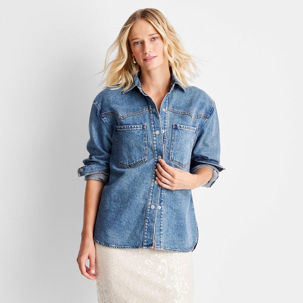 Women's Long Sleeve Collared Western Denim Button-Down Shirt - Future Collective Medium Wash XS Product Image