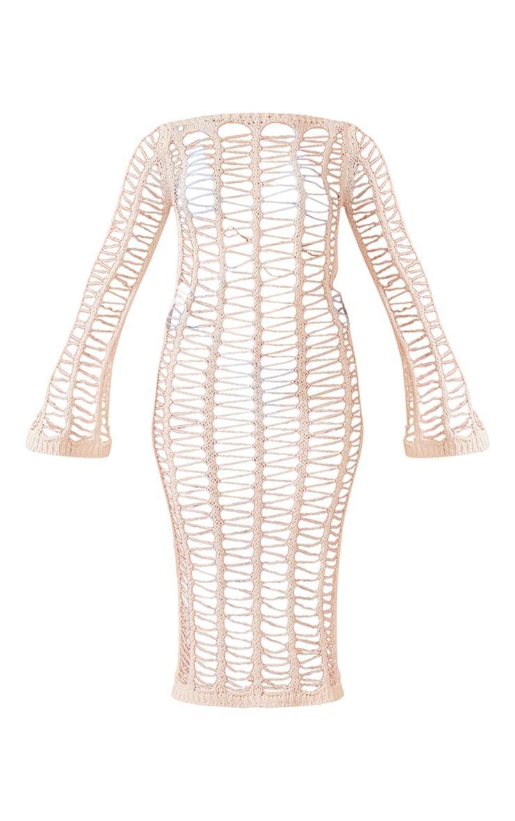 Oatmeal Extreme Open Knit Crochet Long Sleeve Midi Beach Dress Product Image