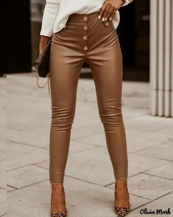 Olivia Mark – Button Fly PU Leather Skinny Pants Product Image