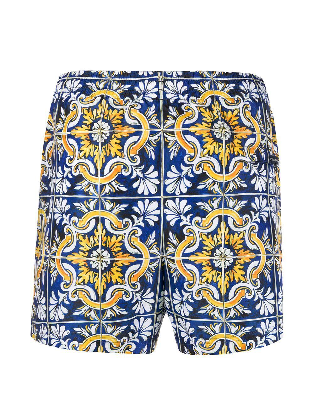 Short Swimming Trunks With Maiolica Print On A Blue Background Product Image