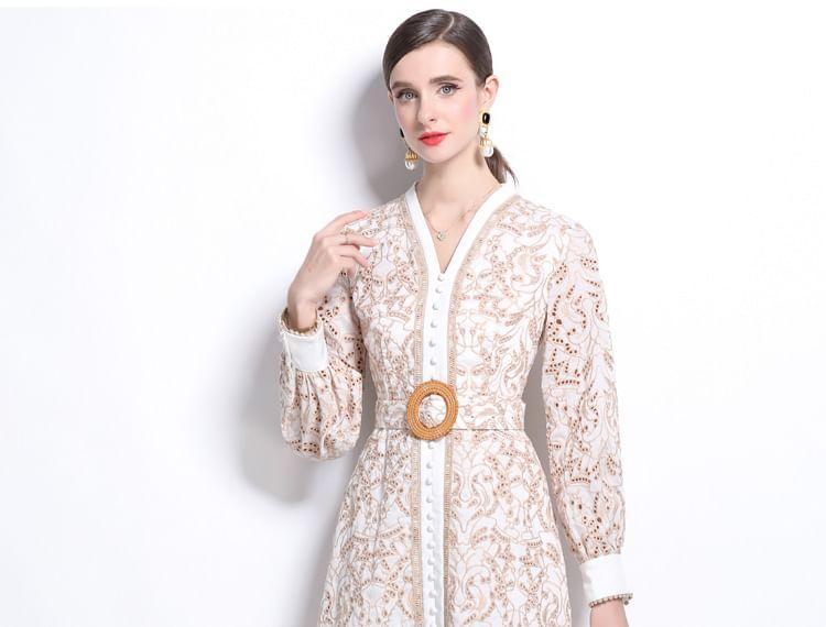 Long Sleeve V-Neck Embroidered Eyelet Belted Midi A-Line Dress Product Image