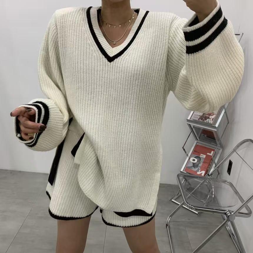 Set: V-Neck Striped Oversized Sweater + High Waist Shorts Product Image