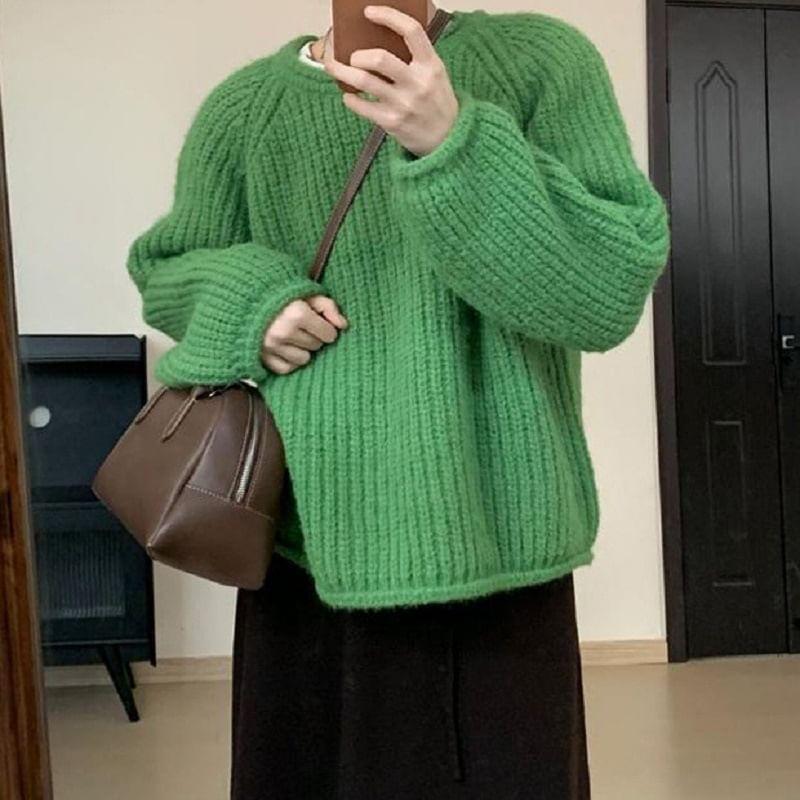 Crew Neck Plain Chunky Knit Sweater Product Image