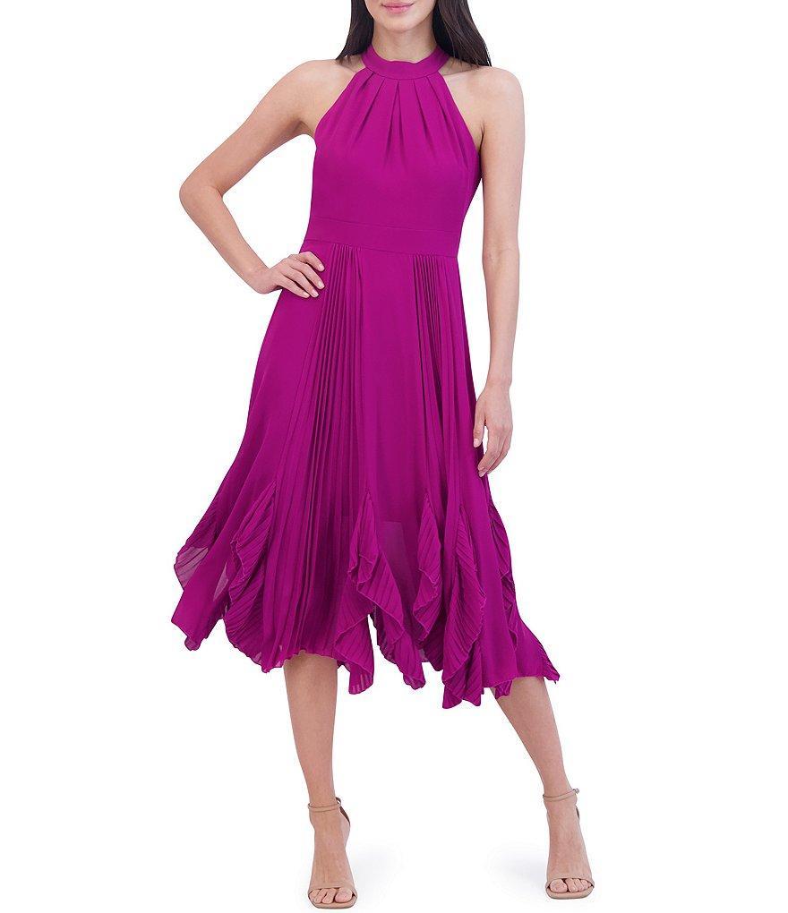 Eliza J Chiffon Halter Neck Sleeveless Pleated Ruffle Midi Dress Product Image