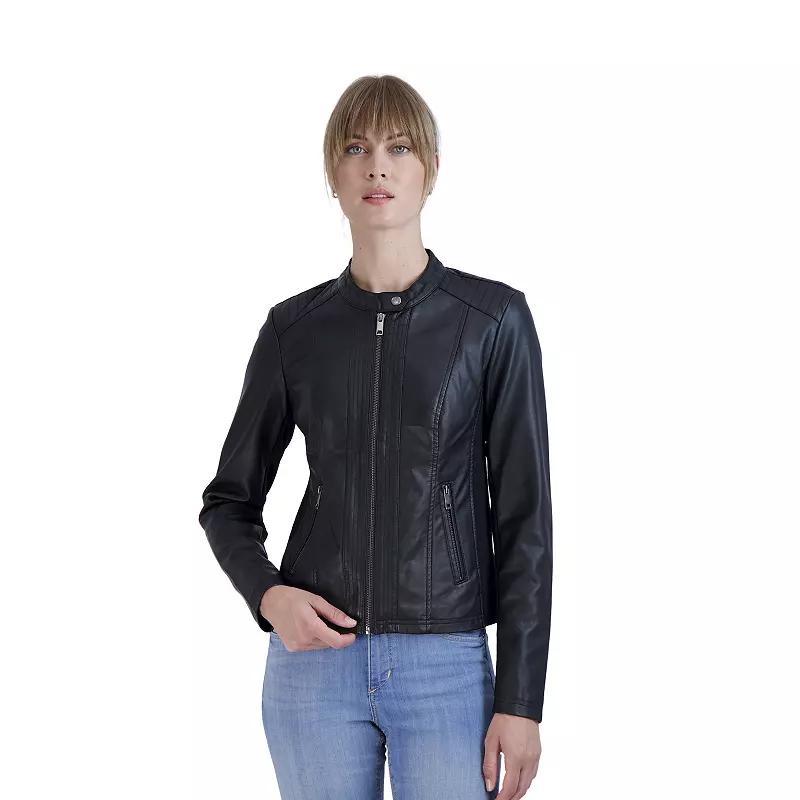 Womens Sebby Collection Faux-Leather Racing Jacket Beige Product Image