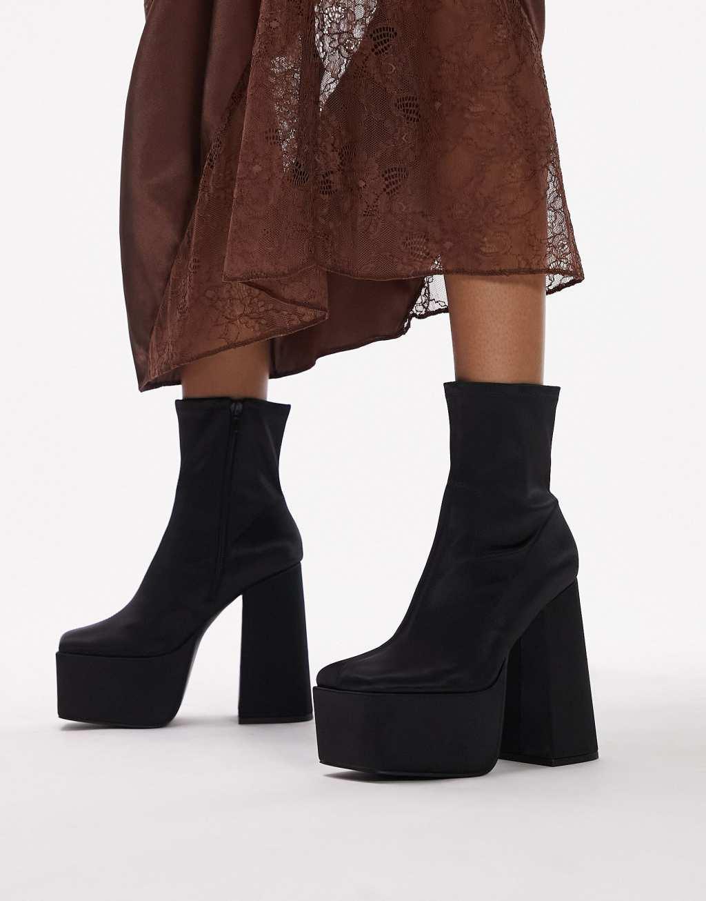 Topshop Wide Fit Tiff satin block heeled ankle boot in black Product Image