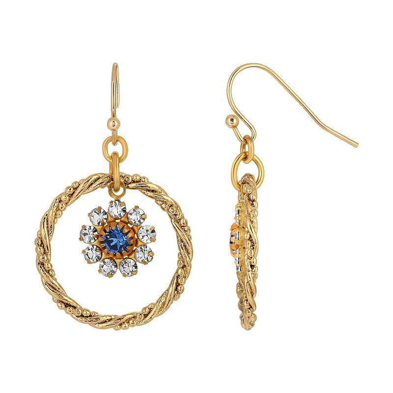 1928 Gold Tone Blue Simulated Crystal Flower Drop Hoop Earrings, Womens Product Image