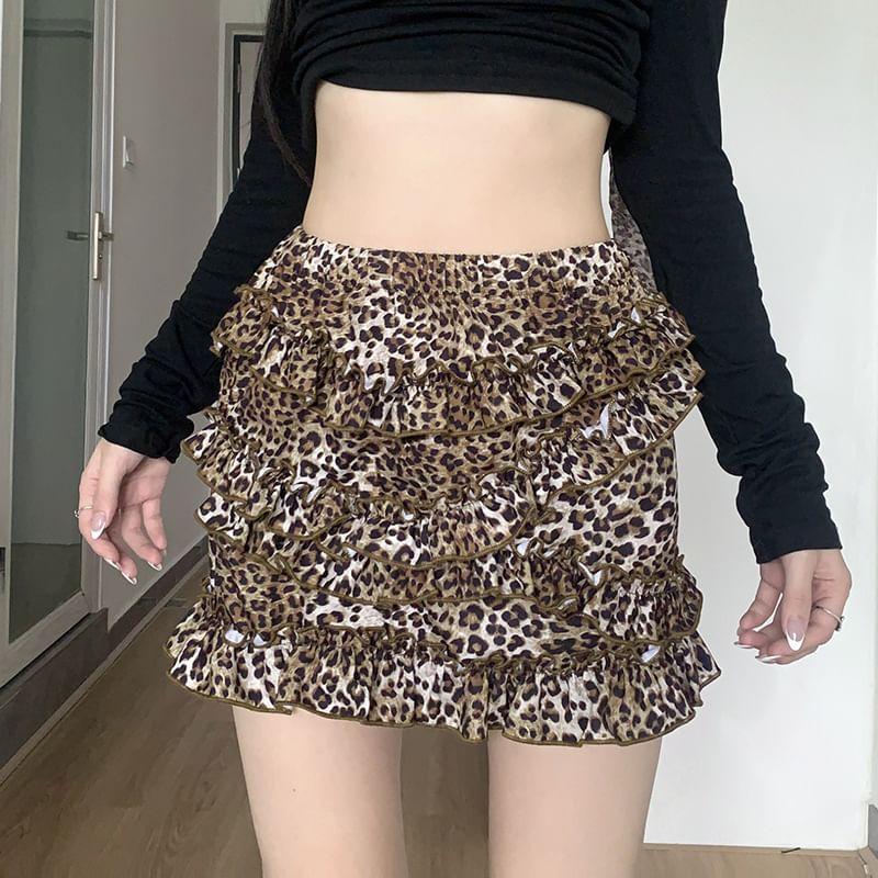 High Rise Leopard Ruffle Trim  A-Line Mini Skirt Product Image