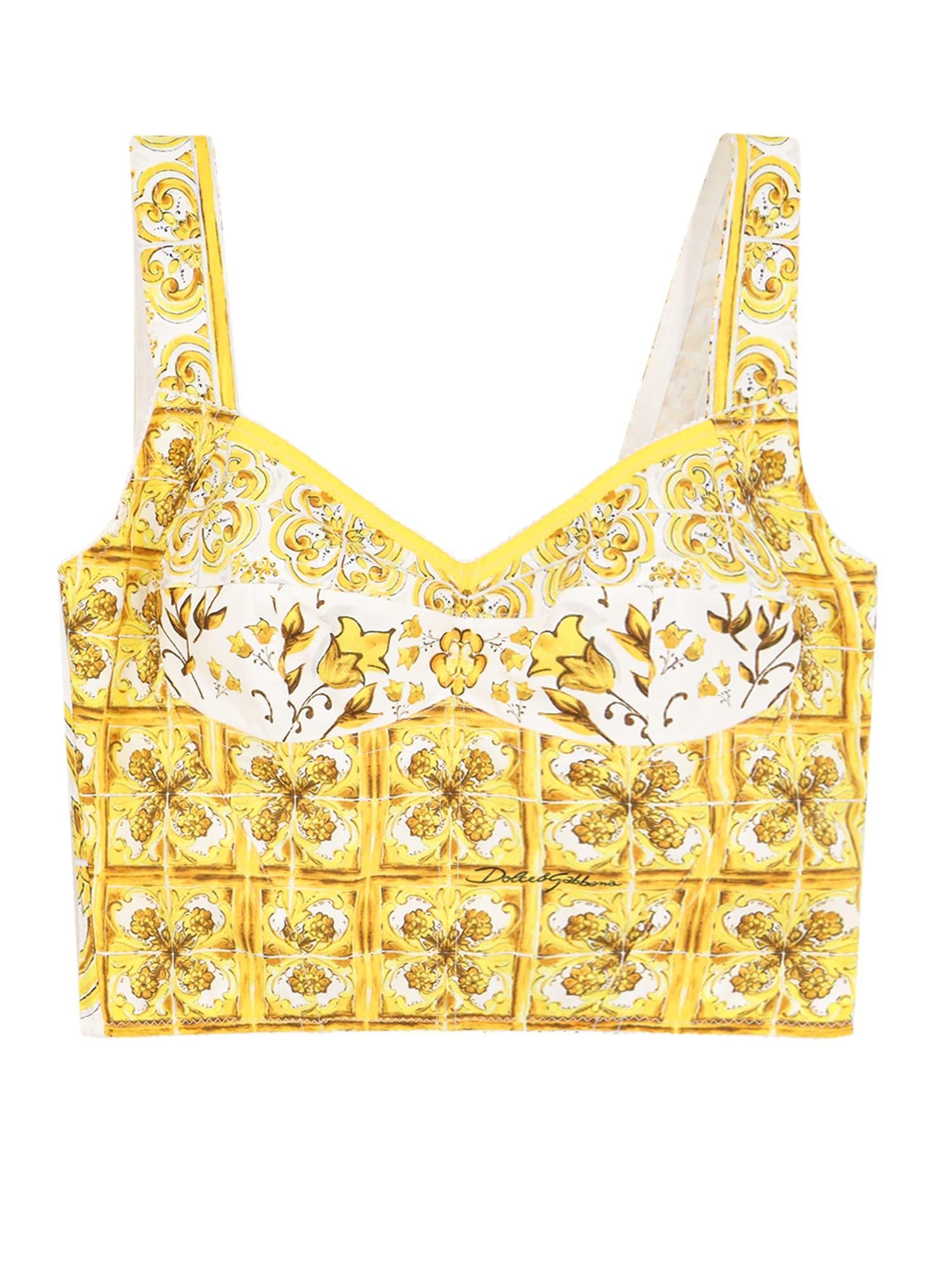 Printed Cropped Cotton-blend Poplin Corset Top In Yellow Product Image