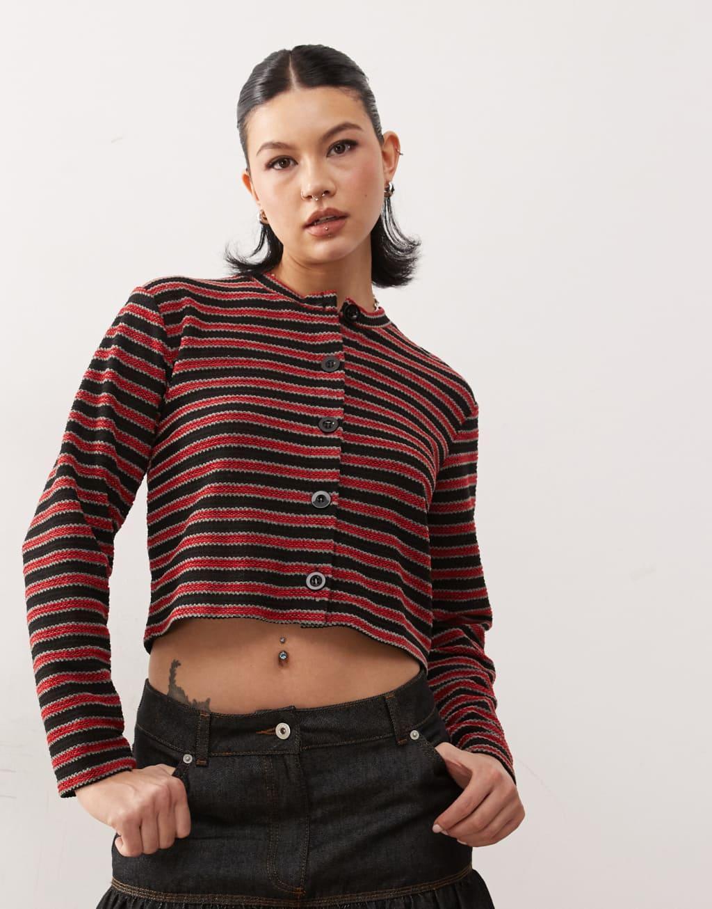 COLLUSION boxy cardigan in red stripe chenille Product Image