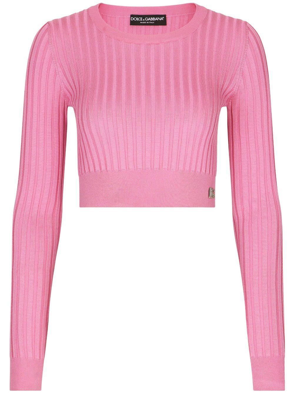 Dg Ribbed-knit Silk Cropped Sweater In Pink & Purple Product Image