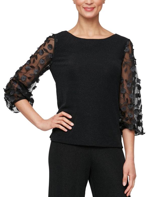 Alex Evenings Womens Floral-Applique Metallic-Knit Blouse Product Image