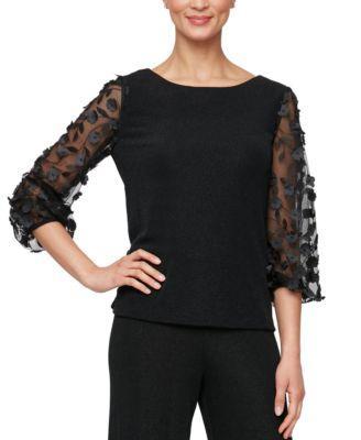 Alex Evenings Womens Floral-Applique Metallic-Knit Blouse Product Image