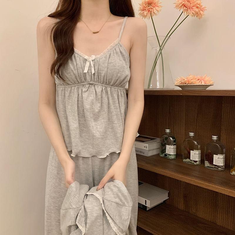 Pajama Set: V-Neck Lace Trim Shirred Camisole Top + Pants + Button-Up Jacket Product Image