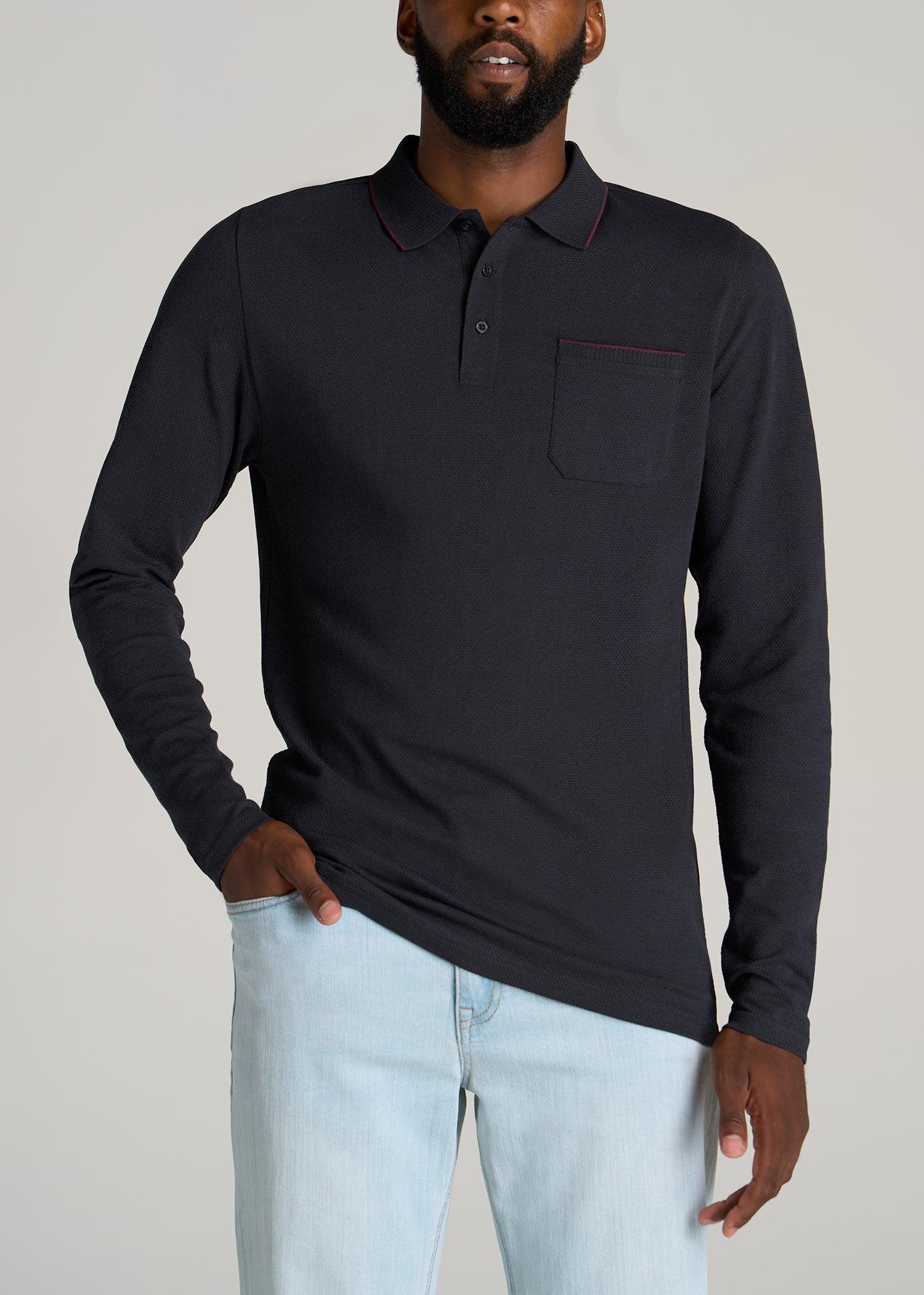 Long Sleeve Polo Shirt for Tall Men in Night Blue & Maroon Male Product Image