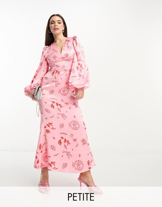 Never Fully Dressed Petite balloon sleeve maxi dress in pink la mer print Product Image