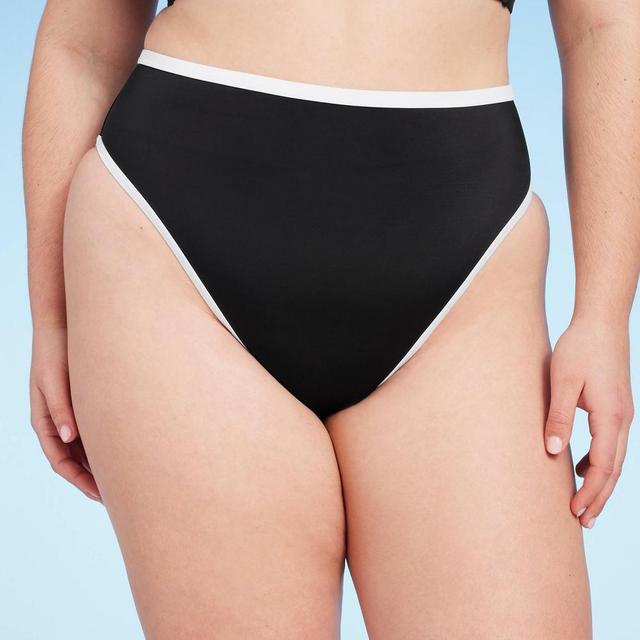 Womens High Waist High Leg Cheeky Contrast Band Bikini Bottom - Shade & Shore Black Product Image