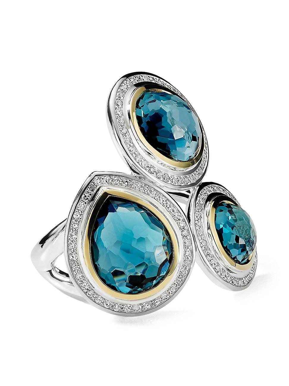 Womens 2T Rock Candy 3-Stone 18K Gold, Sterling Silver, London Blue Topaz & Diamond Ring Product Image