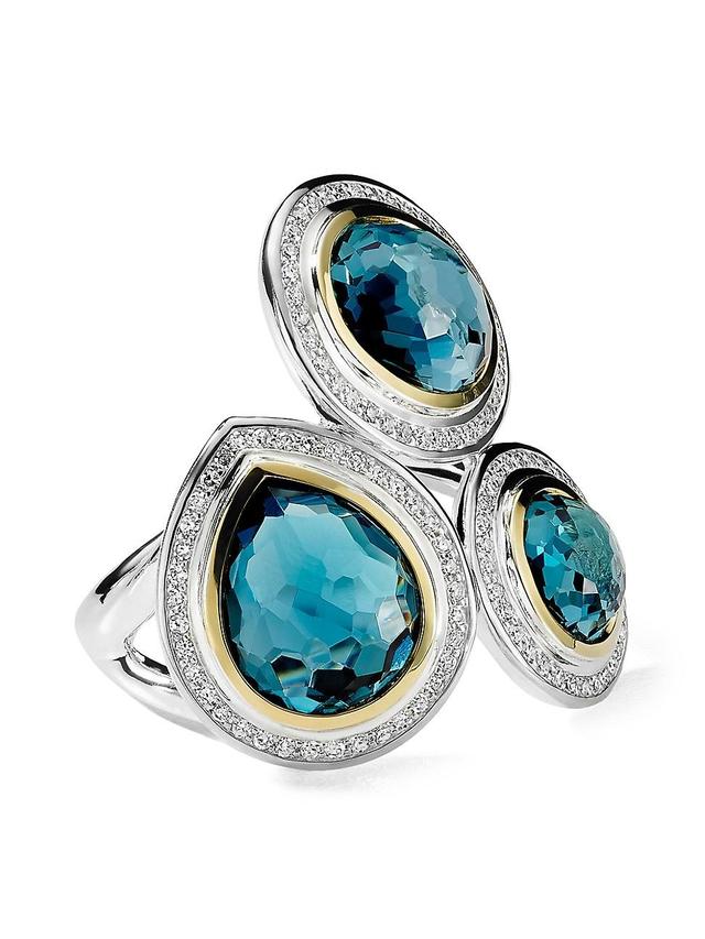 Womens 2T Rock Candy 3-Stone 18K Gold, Sterling Silver, London Blue Topaz & Diamond Ring - Silver - Size 7 Product Image