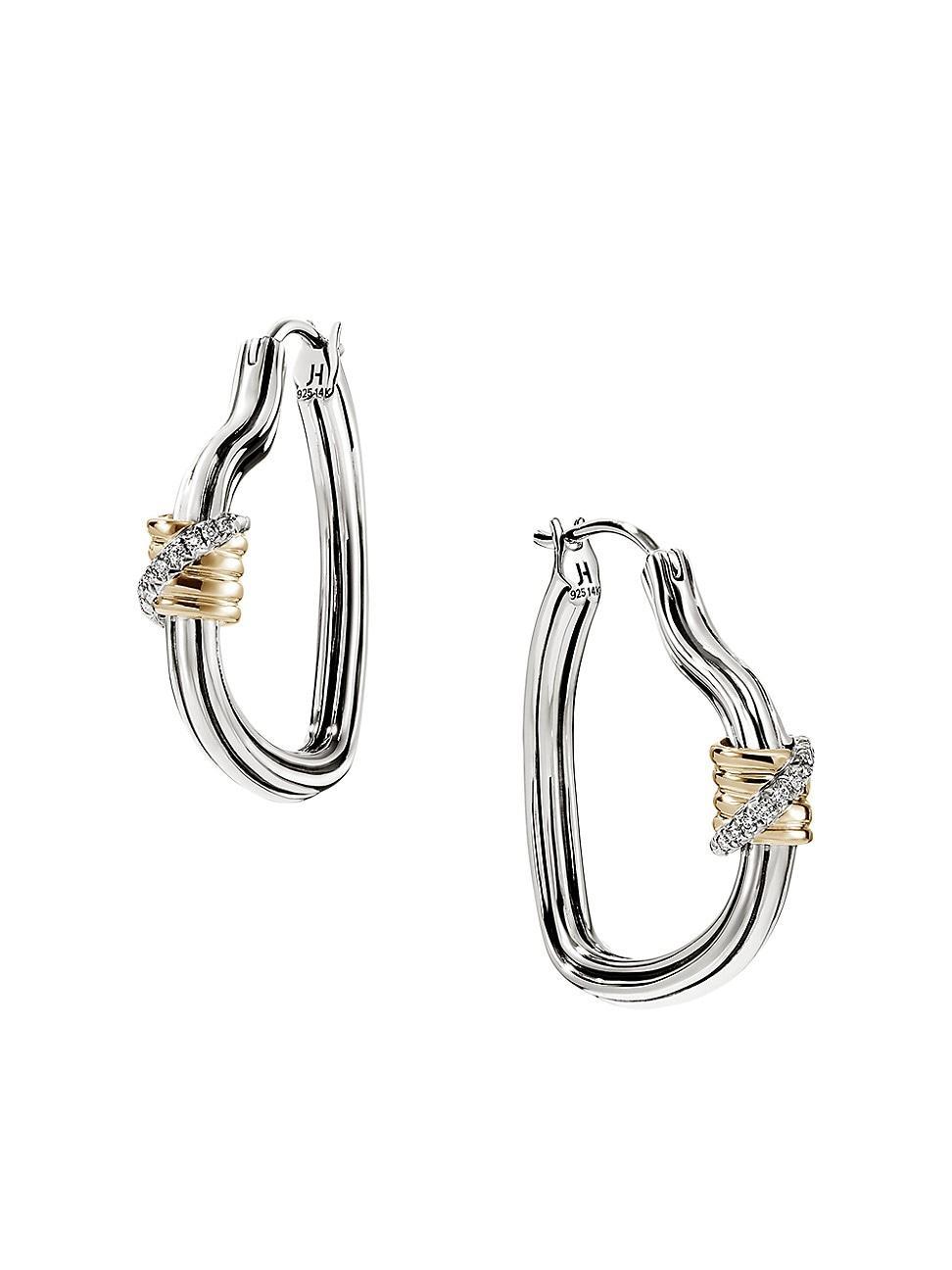 Womens Bamboo Sterling Silver, 14K Yellow Gold & 0.07 TCW Diamond Hoop Earrings Product Image