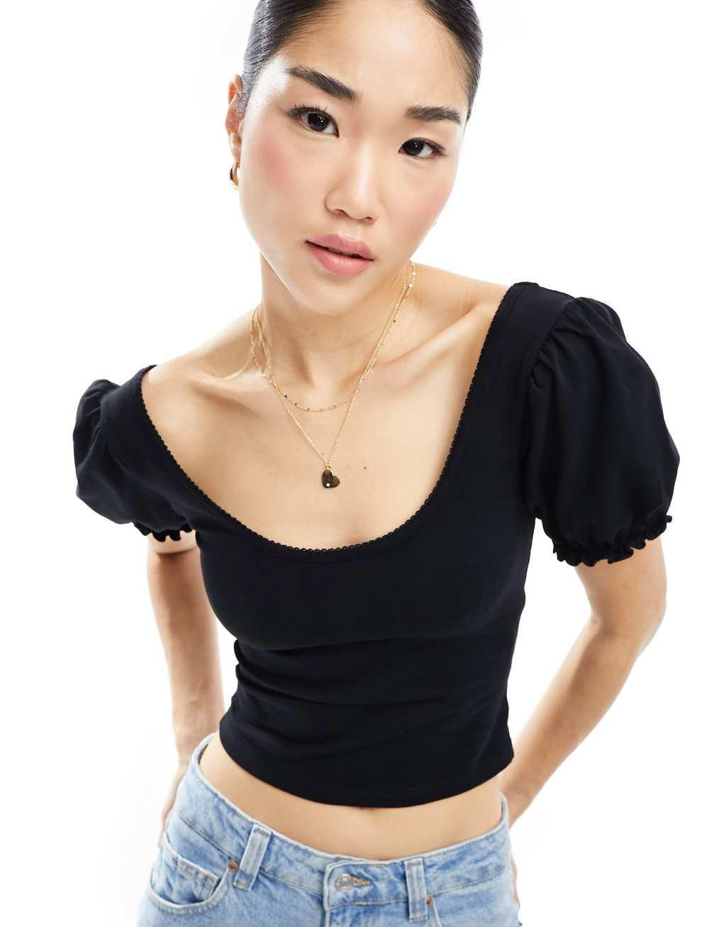 Miss Selfridge puff sleeve milkmaid top in black Product Image