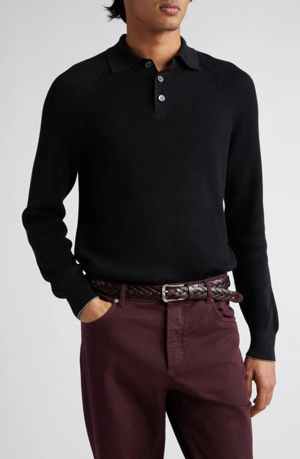 BRUNELLO CUCINELLI English Rib Long Sleeve Cotton Polo Sweater In Black Product Image