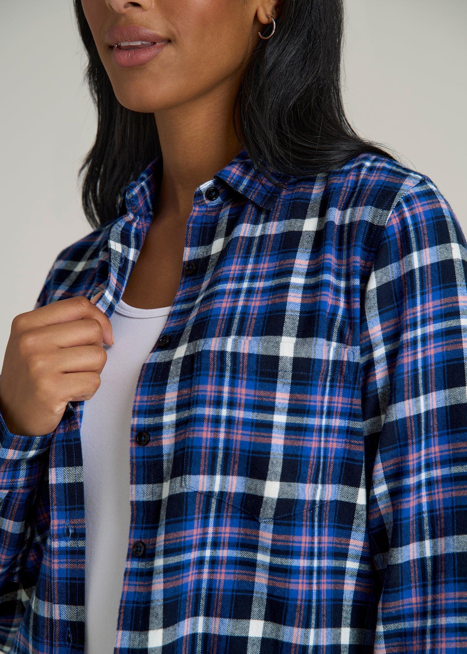 Flannel Button-Up Shirt for Tall Women in Cobalt, Navy, and Peach Plaid Female Product Image